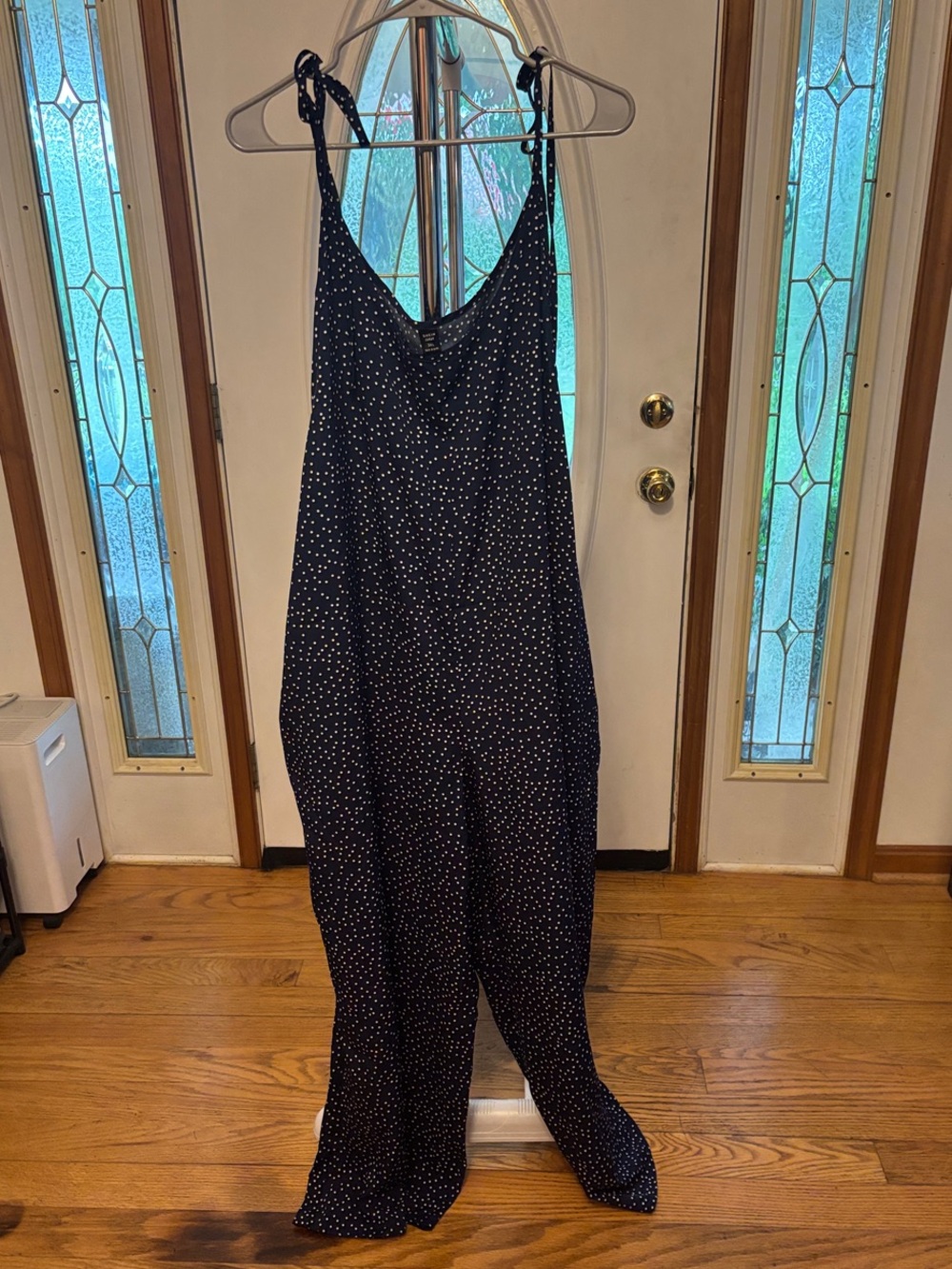Navy Polka Dot Wide-Leg Jumpsuit with Tie Straps